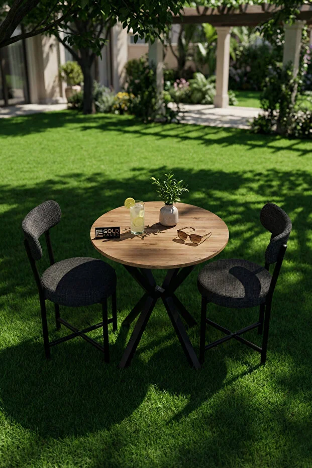 Mutfak Masası 70 Çap Yuvarlak 2 Sandalyeli Masa Takımı Modern Bahçe Balkon Cafe Teddy Antrasit